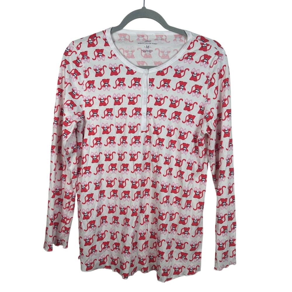 Roller Rabbit Pajama Top Women M Pink Cat Henley‎ Pima Cotton Excellent LS 2663